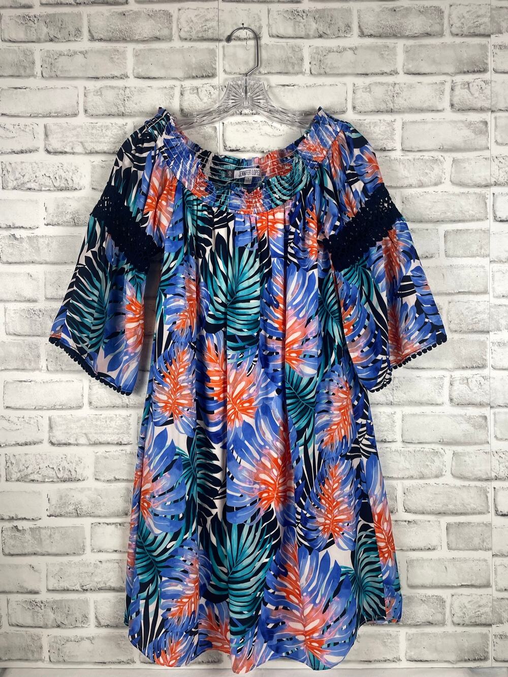 Jennifer Lopez Floral Dress Small Blue Orange Palm Leaf Off Shoulder Crochet
